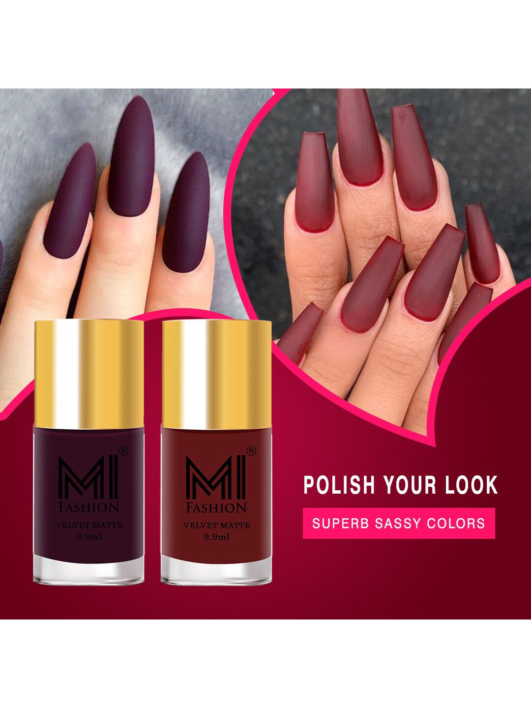 MI FASHION Set of 2 Velvet Matte Truly Unique Long Lasting Nail Polish - 9.9 ml Each
