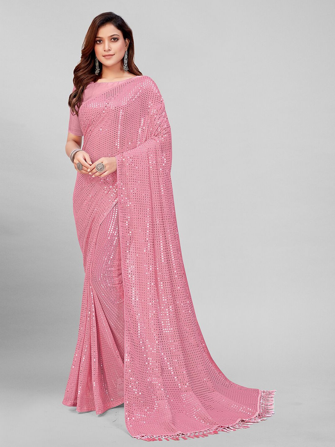 Granthva Fab Peach-Coloured Embellished Sequinned Pure Georgette Saree Price in India