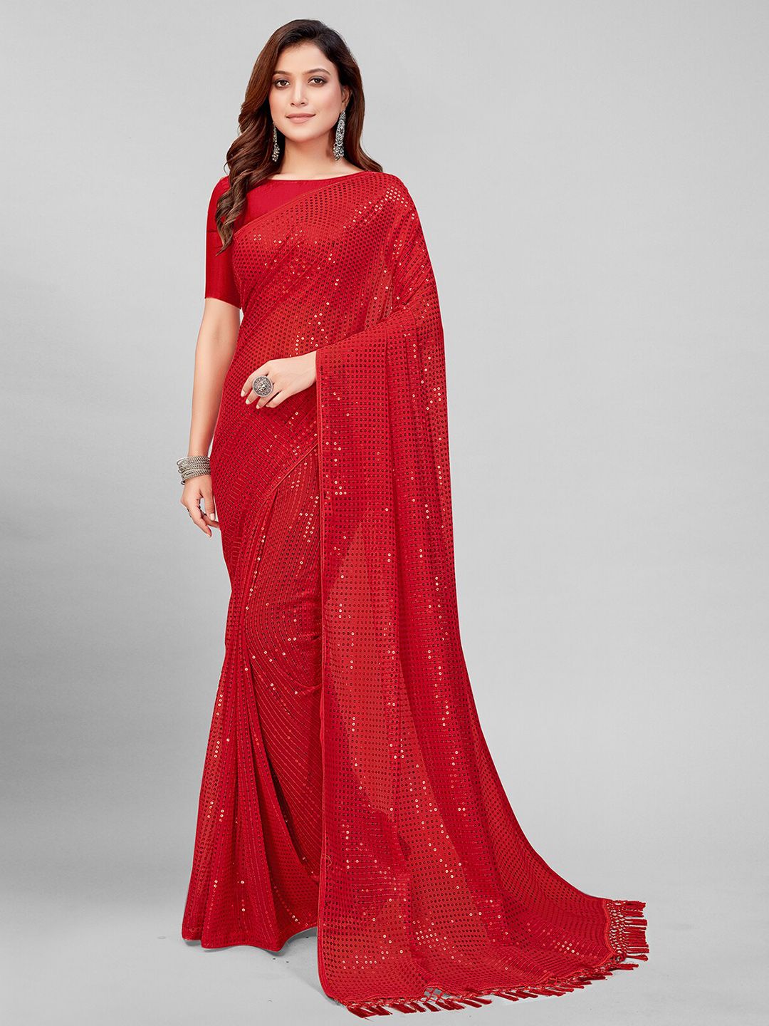 Granthva Fab Red Embellished Sequinned Pure Georgette Saree Price in India