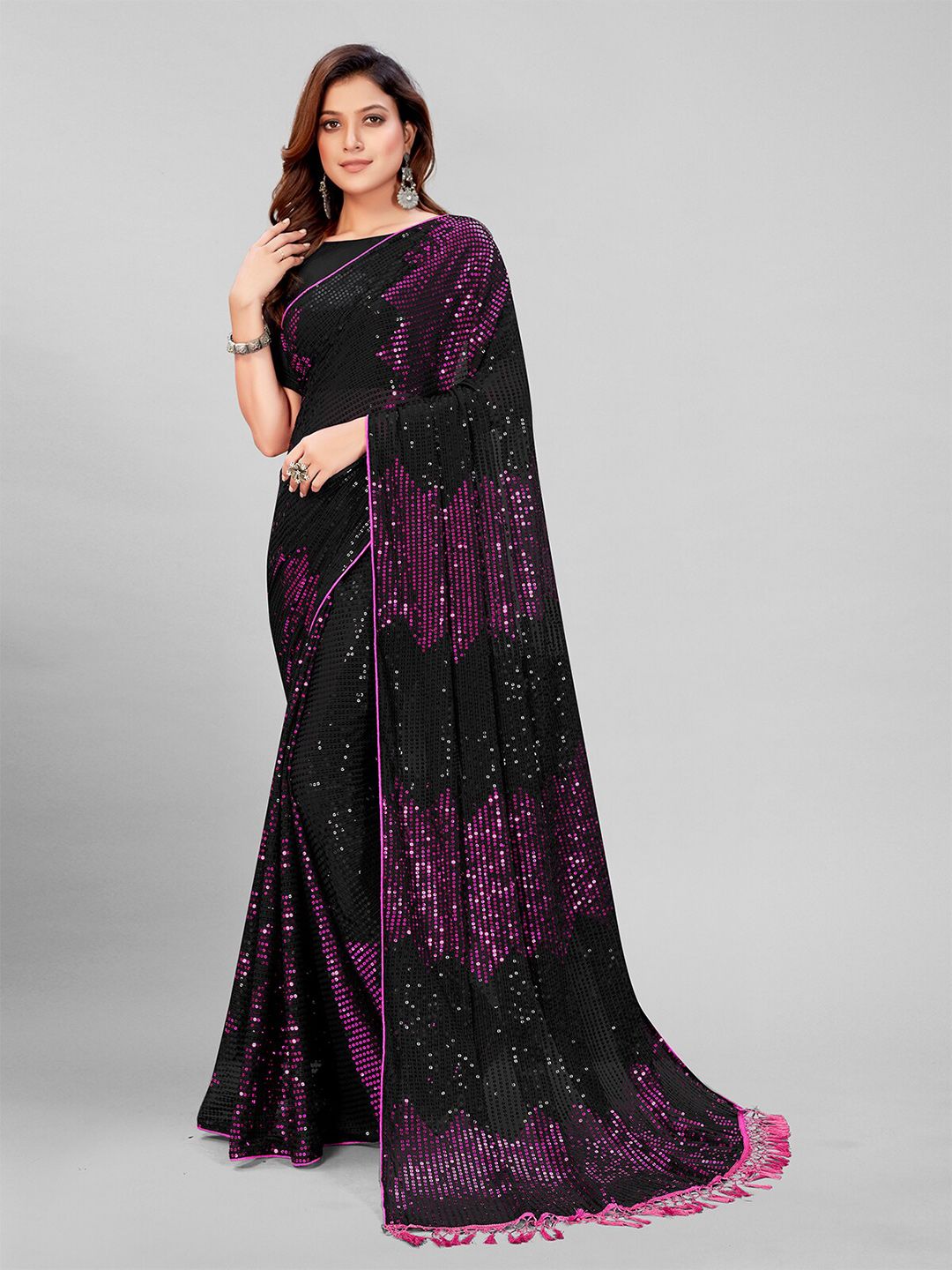 Granthva Fab Black & Purple Embellished Sequinned Pure Georgette Saree Price in India