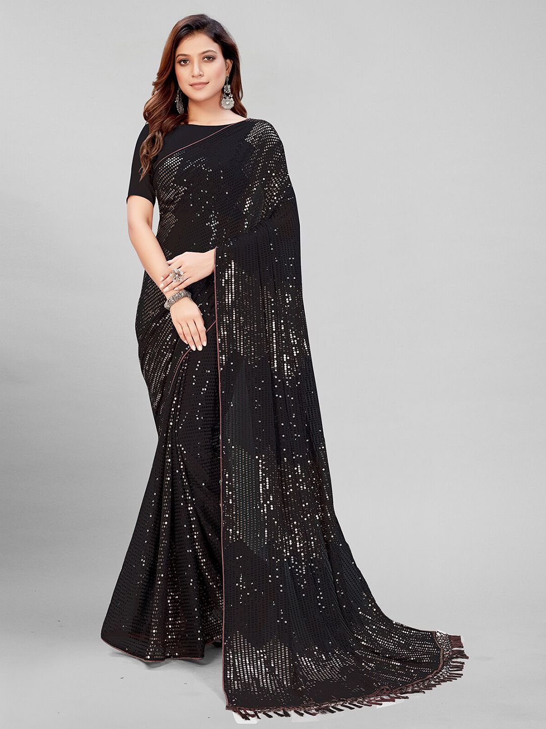 Granthva Fab Black Embellished Sequinned Pure Georgette Saree Price in India