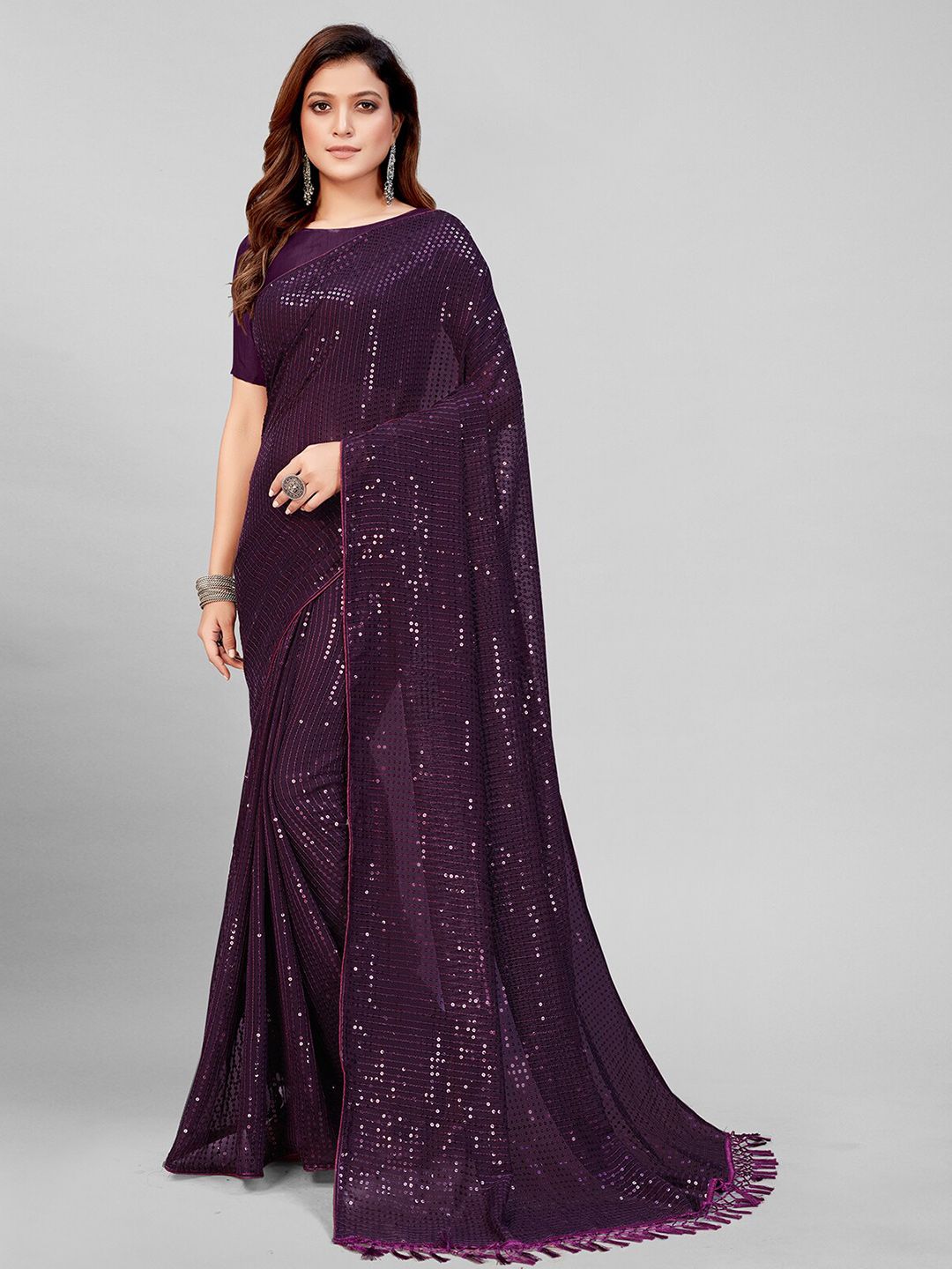 Granthva Fab Purple Embellished Sequinned Pure Georgette Saree Price in India