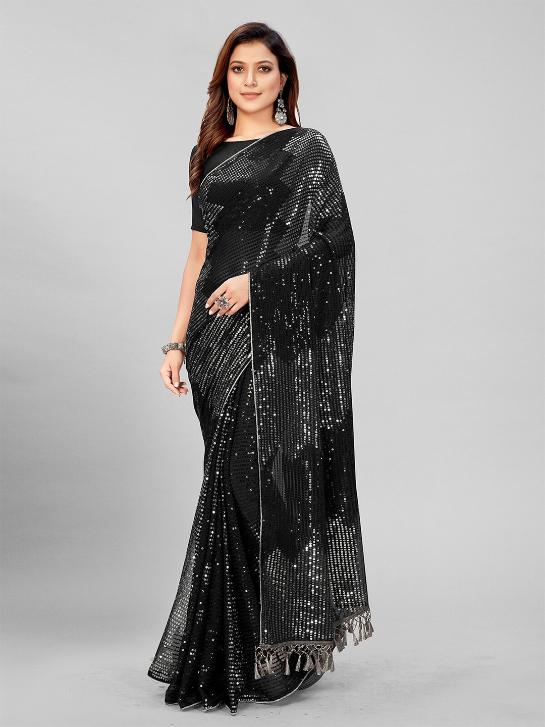 Granthva Fab Black Embellished Sequinned Pure Georgette Saree Price in India