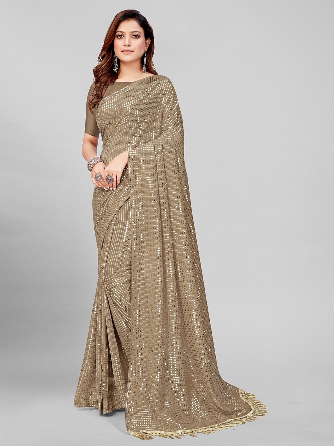 Granthva Fab Beige & Silver-Toned Embellished Sequinned Pure Georgette Saree Price in India