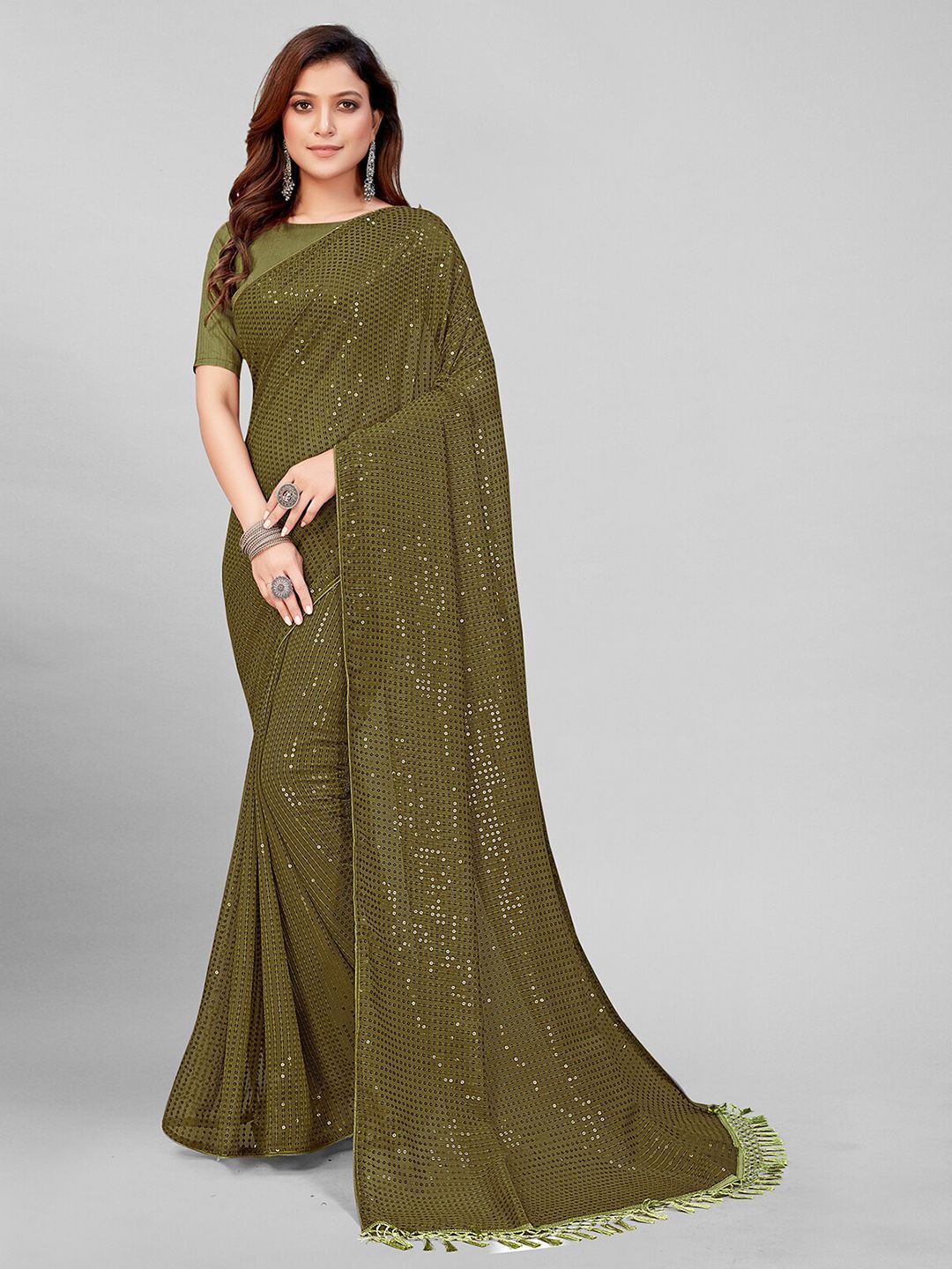 Granthva Fab Olive Green Embellished Sequinned Pure Georgette Saree Price in India