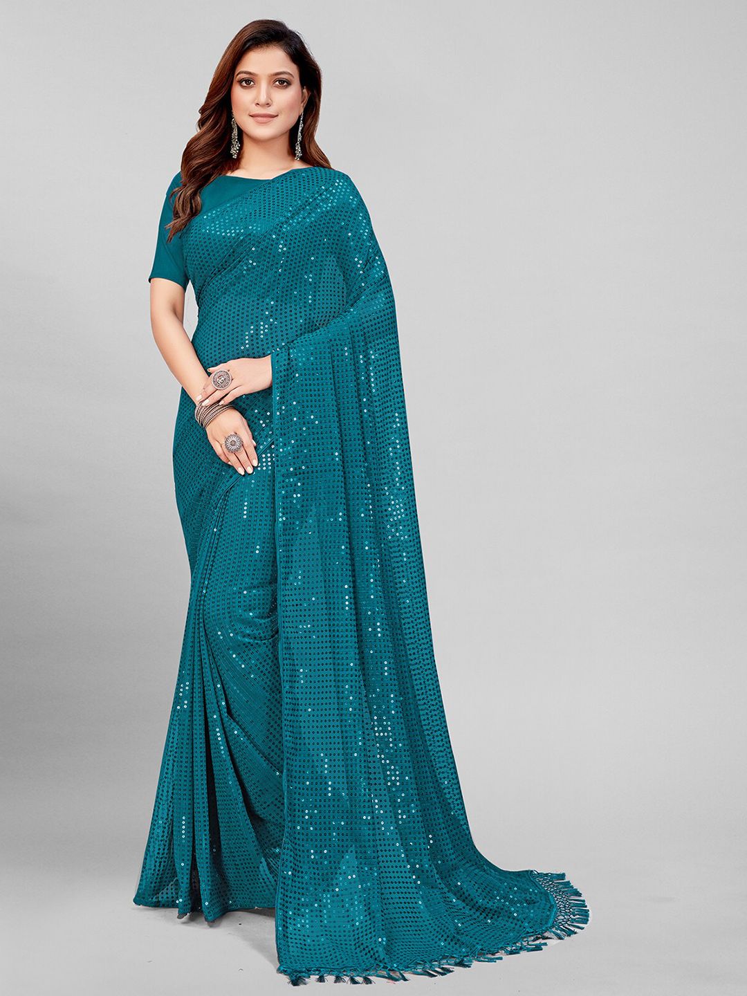 Granthva Fab Women Teal & Silver-Toned Embellished Sequined Pure Georgette Saree Price in India