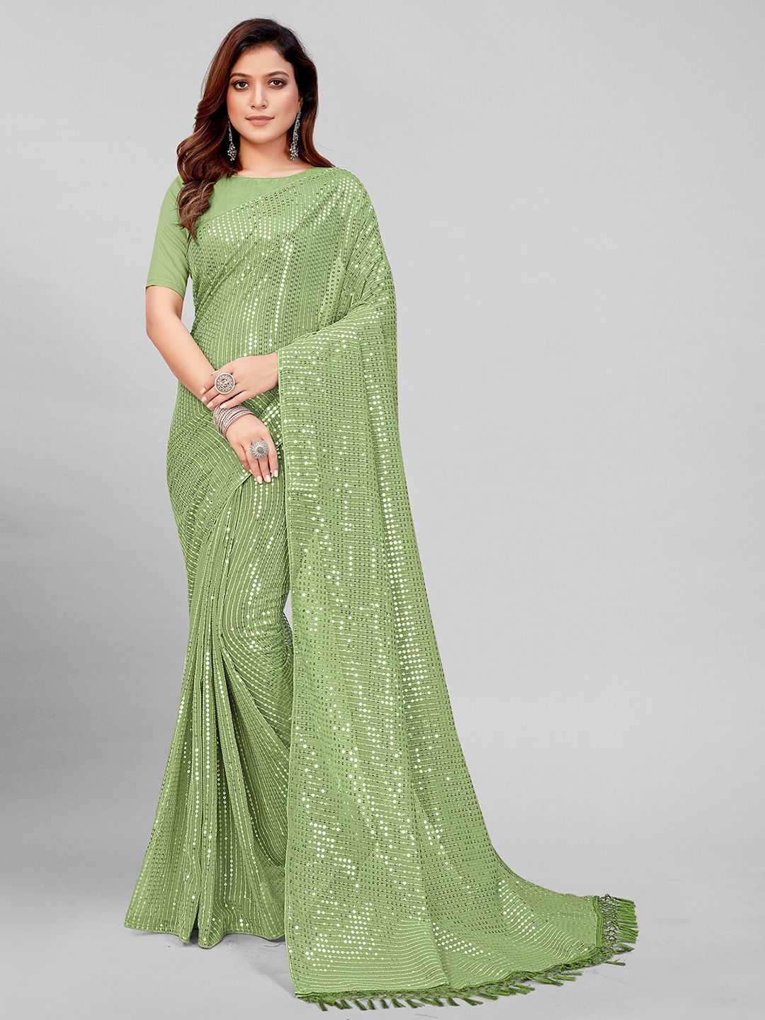 Granthva Fab Women Fluorescent Green Embellished Sequinned Pure Georgette Saree Price in India