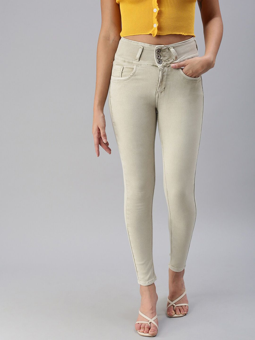 SHOWOFF Women Beige Skinny Fit High-Rise Stretchable Jeans Price in India