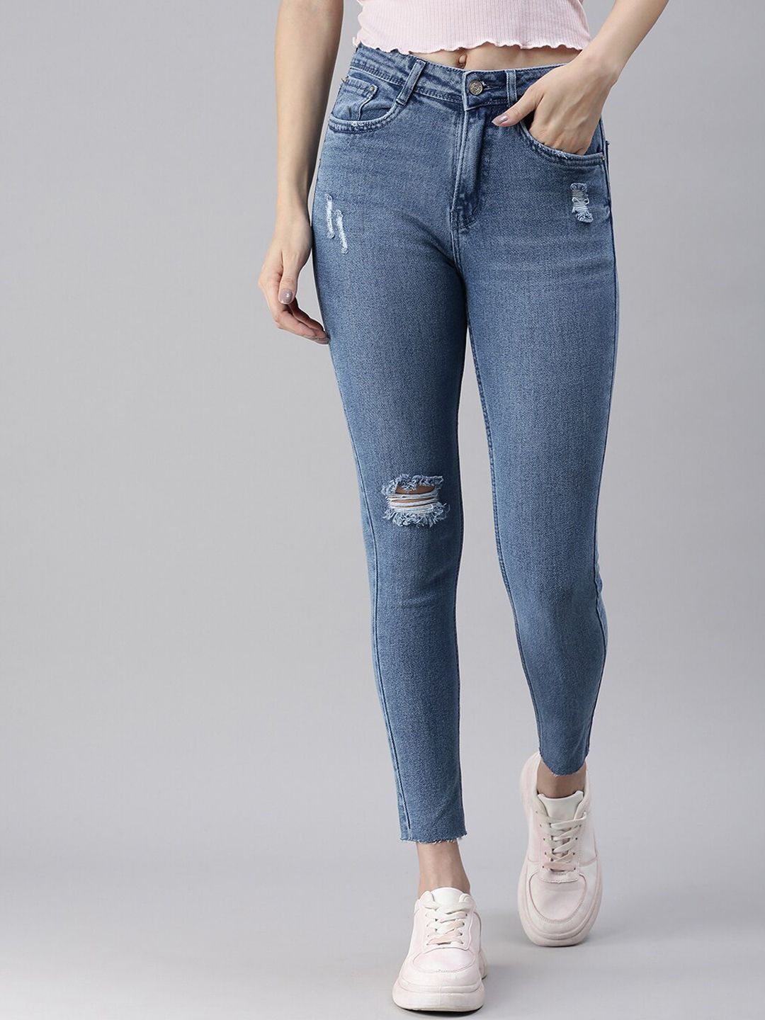 SHOWOFF Women Blue Skinny Fit High-Rise Slash Knee Stretchable Jeans Price in India