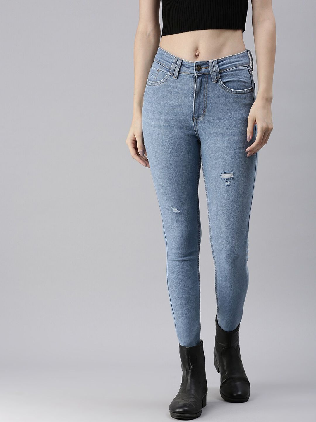 SHOWOFF Women Blue Skinny Fit High-Rise Low Distress Light Fade Stretchable Jeans Price in India