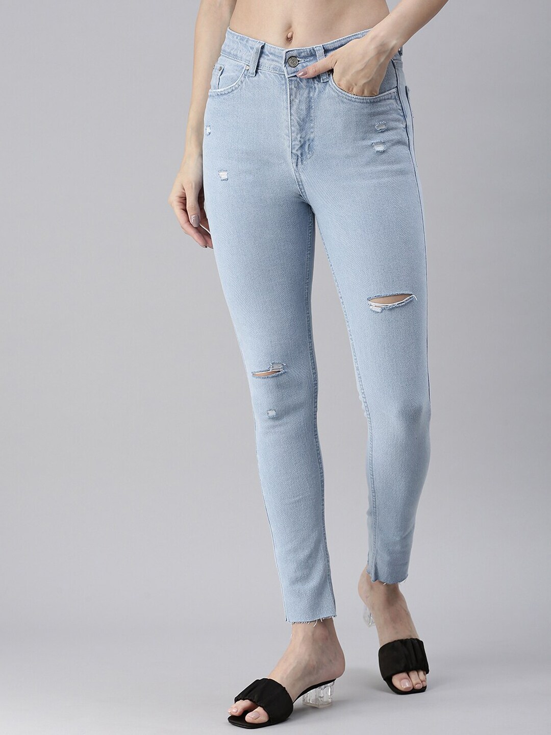 SHOWOFF Women Blue Skinny Fit High-Rise Mildly Distressed Stretchable Jeans Price in India