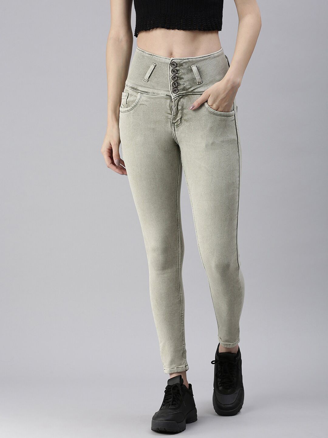 SHOWOFF Women Olive Green Skinny Fit High-Rise Stretchable Jeans Price in India