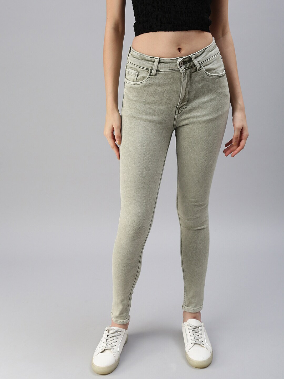 SHOWOFF Women Olive Green Skinny Fit High-Rise Stretchable Jeans Price in India