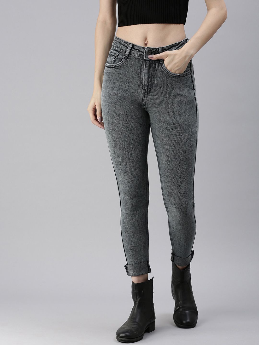 SHOWOFF Women Grey Skinny Fit High-Rise Stretchable Jeans Price in India