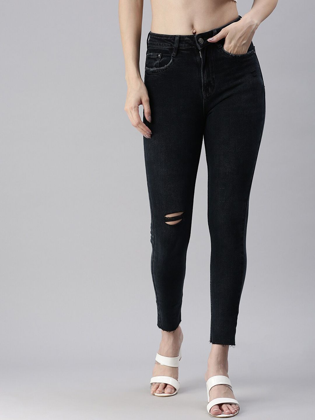 SHOWOFF Women Charcoal Slim Fit High-Rise Mildly Distressed Stretchable Jeans Price in India