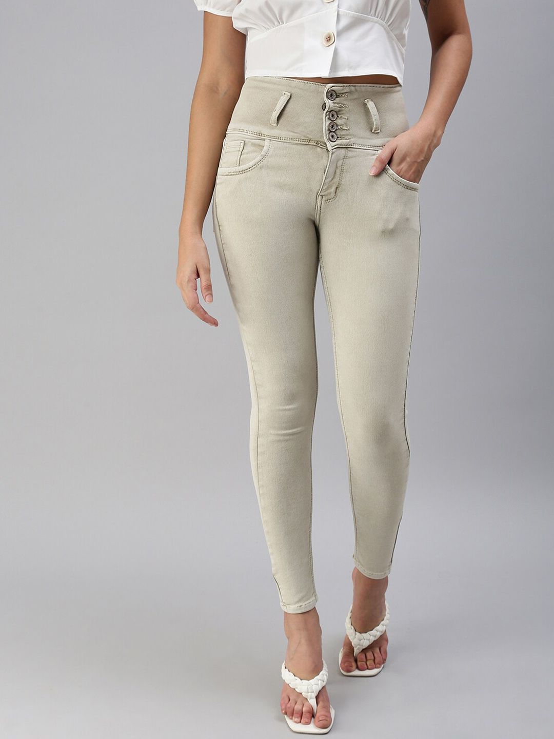 SHOWOFF Women Beige Skinny Fit High-Rise Stretchable Jeans Price in India
