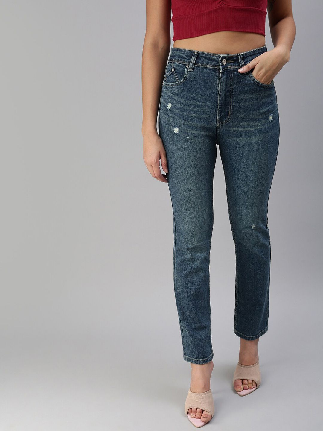 SHOWOFF Women Blue Straight Fit High-Rise Low Distress Light Fade Stretchable Jeans Price in India