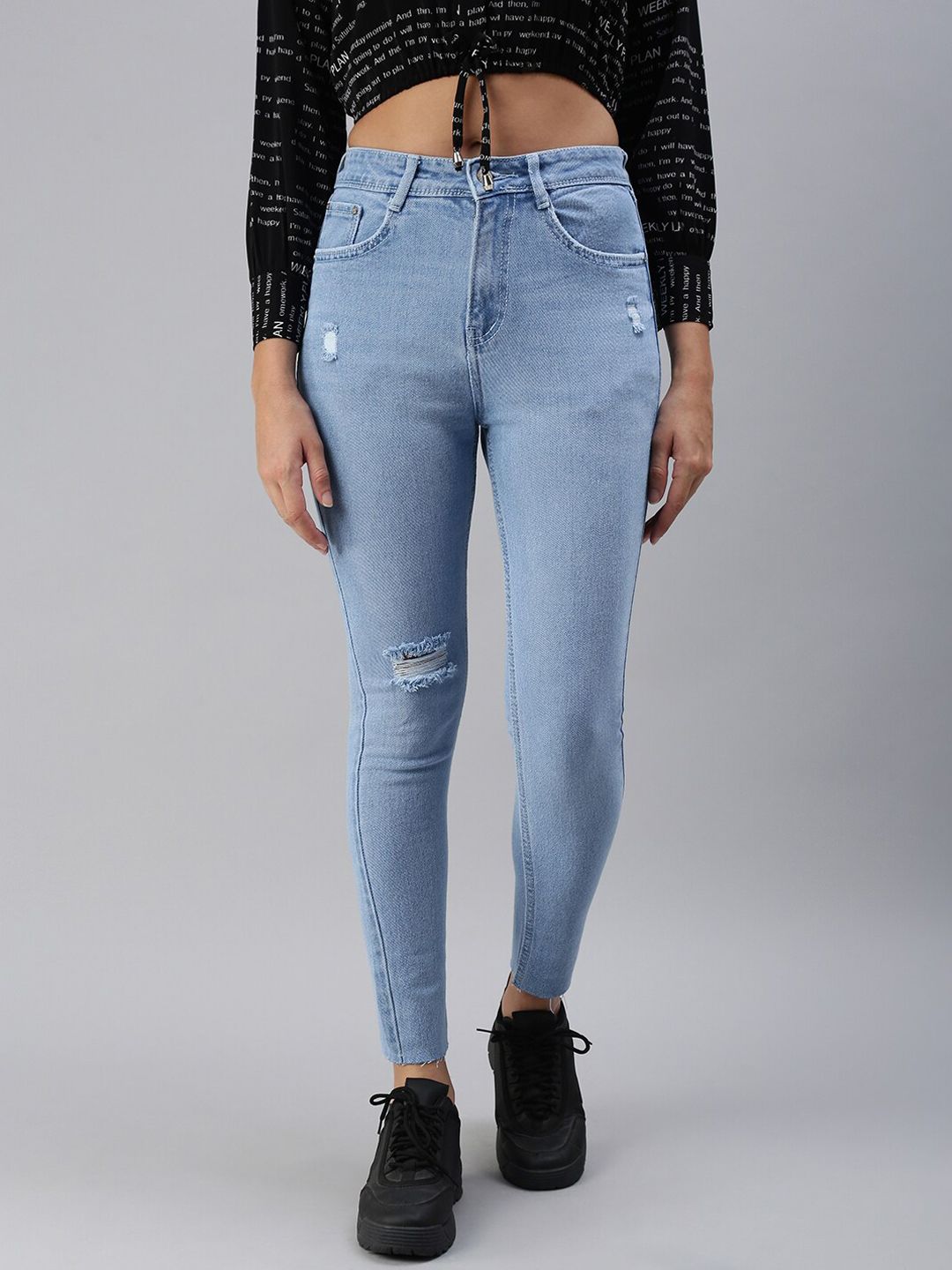 SHOWOFF Women Blue Skinny Fit High-Rise Mildly Distressed Stretchable Jeans Price in India