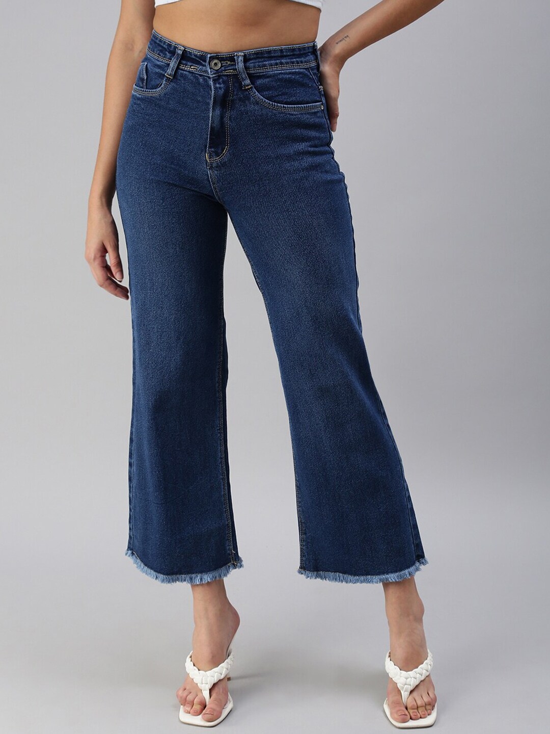 SHOWOFF Women Blue Wide Leg High-Rise Light Fade Stretchable Jeans Price in India