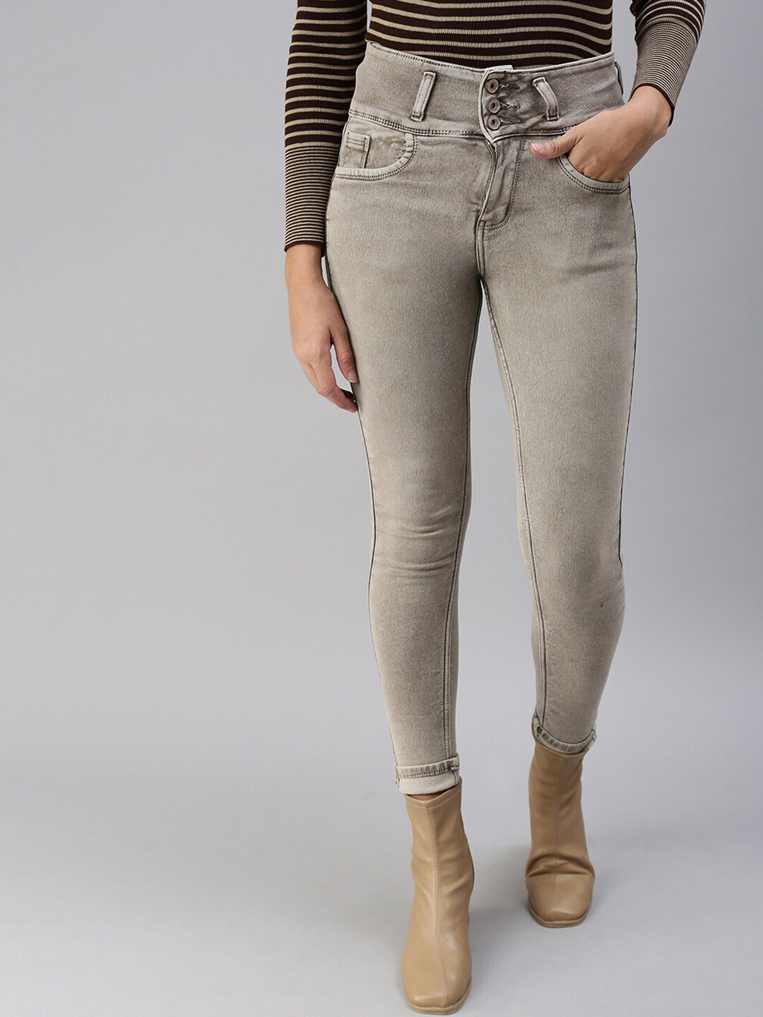SHOWOFF Women Brown Skinny Fit High-Rise Stretchable Jeans Price in India