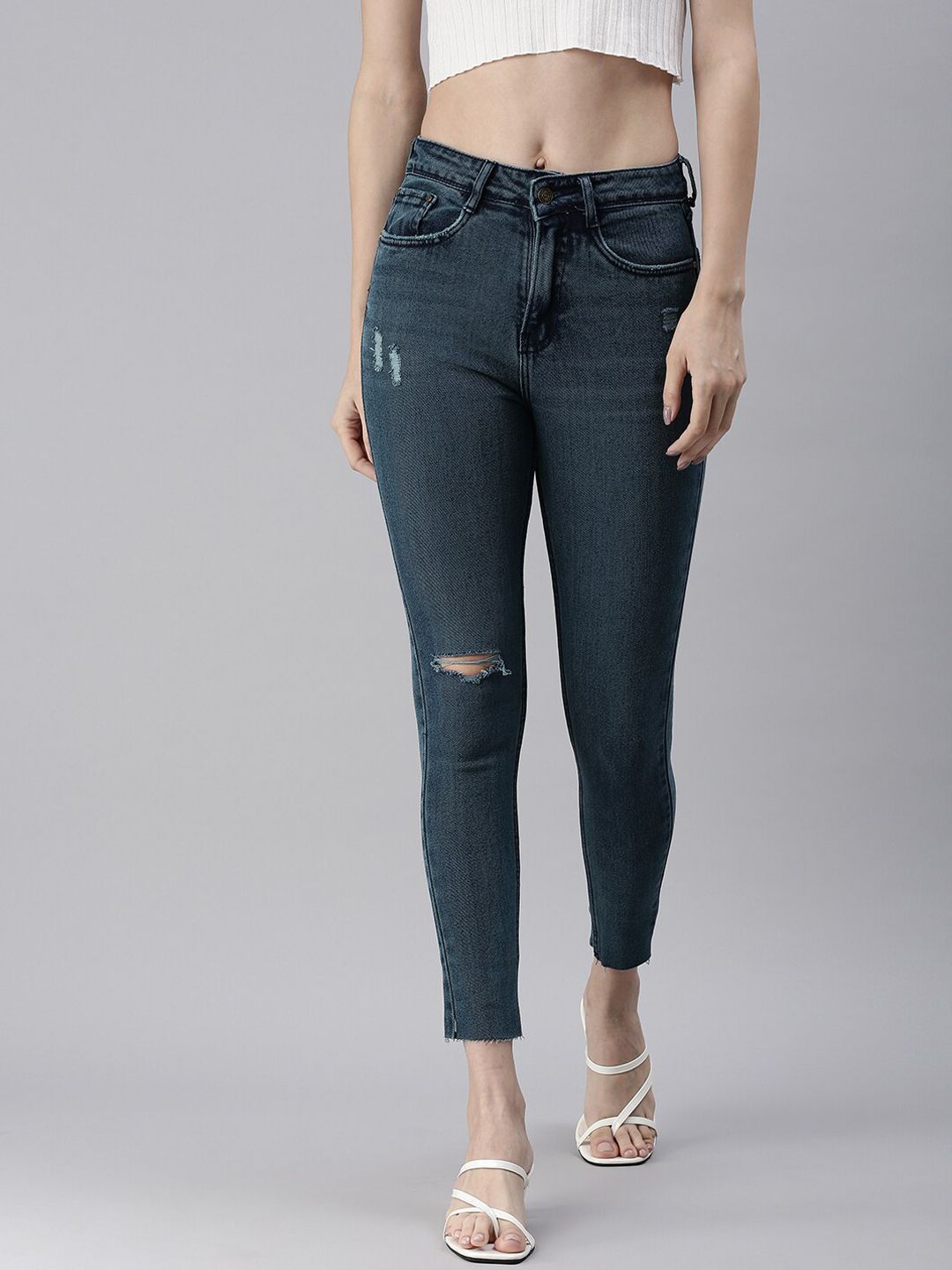 SHOWOFF Women Blue Skinny Fit High-Rise Low Distress Stretchable Jeans Price in India