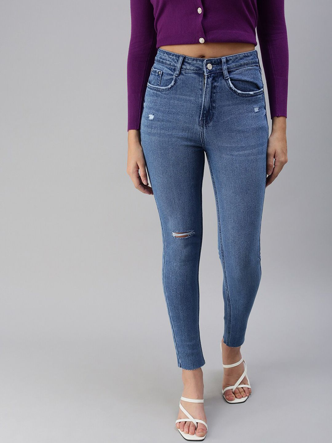 SHOWOFF Women Blue Slim Fit High-Rise Low Distress Stretchable Jeans Price in India