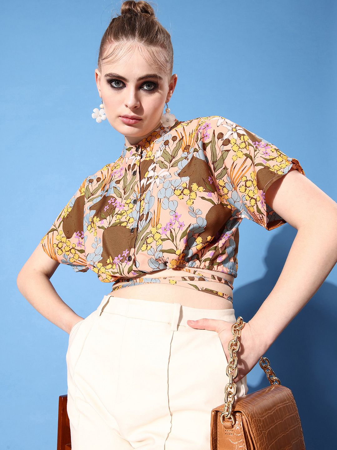 Style Quotient Printed Mandarin Collar Crepe Blouson Crop Top Price in India