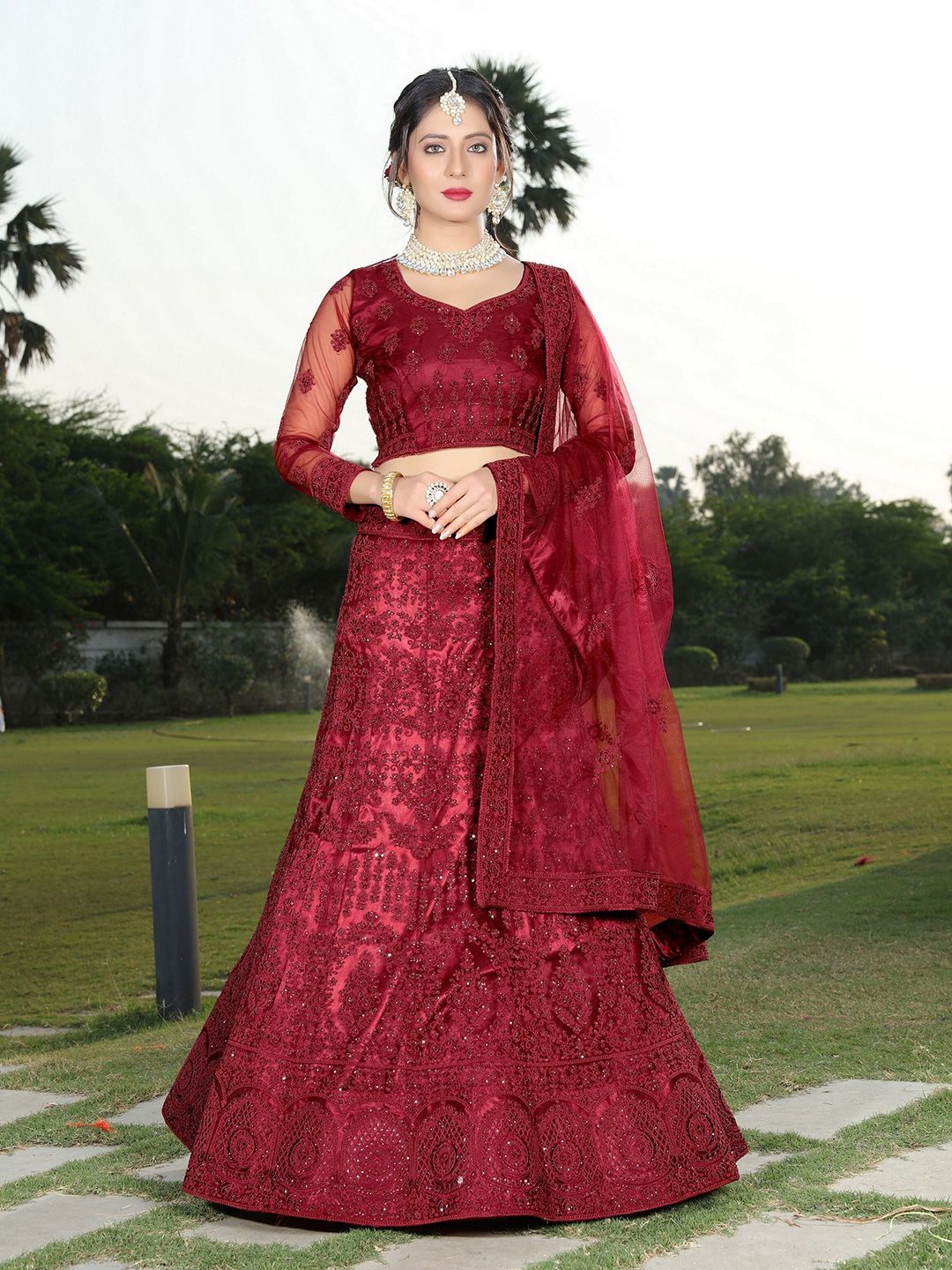 ASPORA Maroon Embroidered Beads and Stones Semi-Stitched Lehenga & Unstitched Blouse With Dupatta Price in India