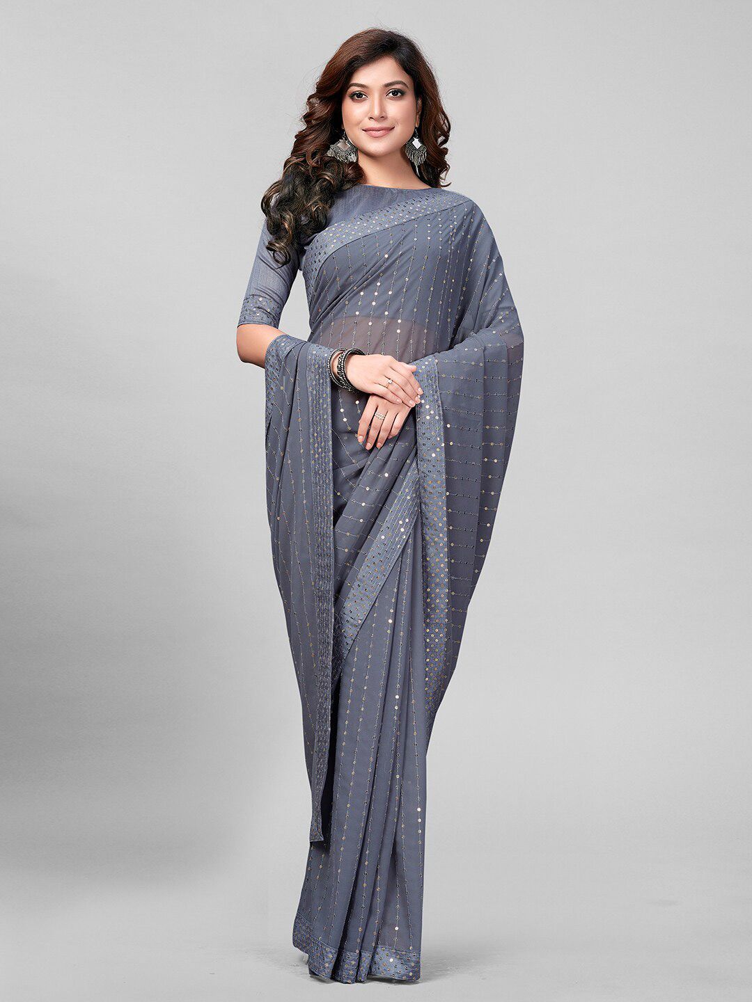 Granthva Fab Grey Embroidered Sequinned Saree Price in India