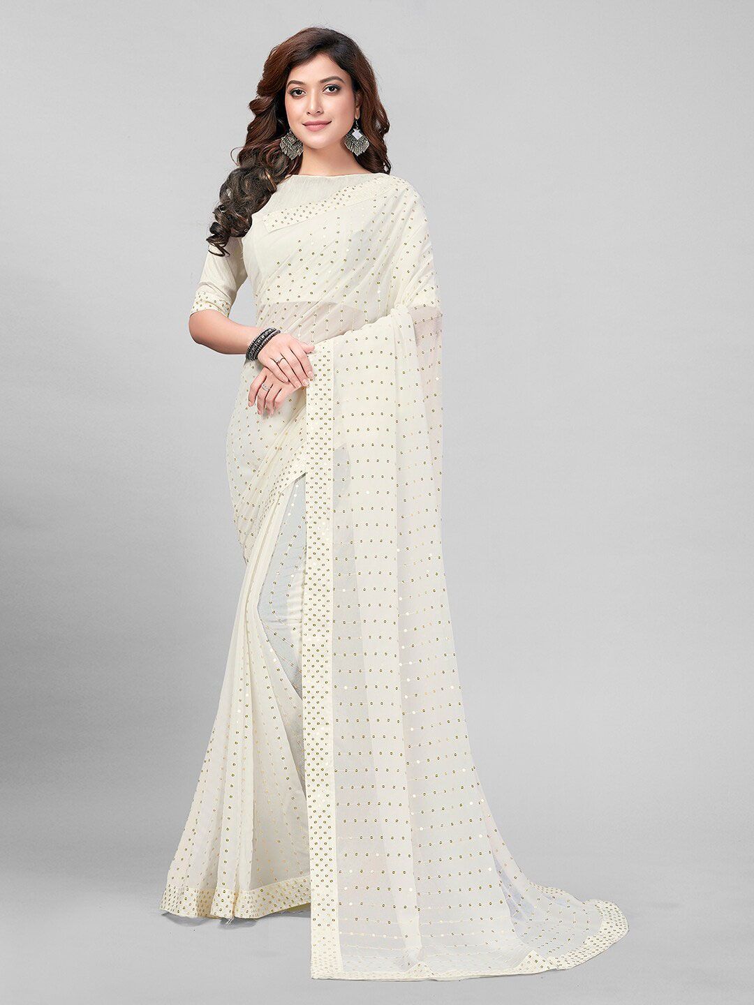 Granthva Fab White Sequinned Embroidered Georgette Saree Price in India