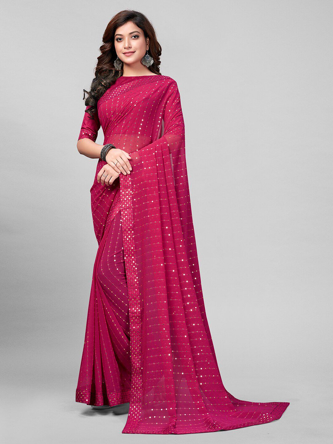 Granthva Fab Pink Embellished Sequinned Saree Price in India