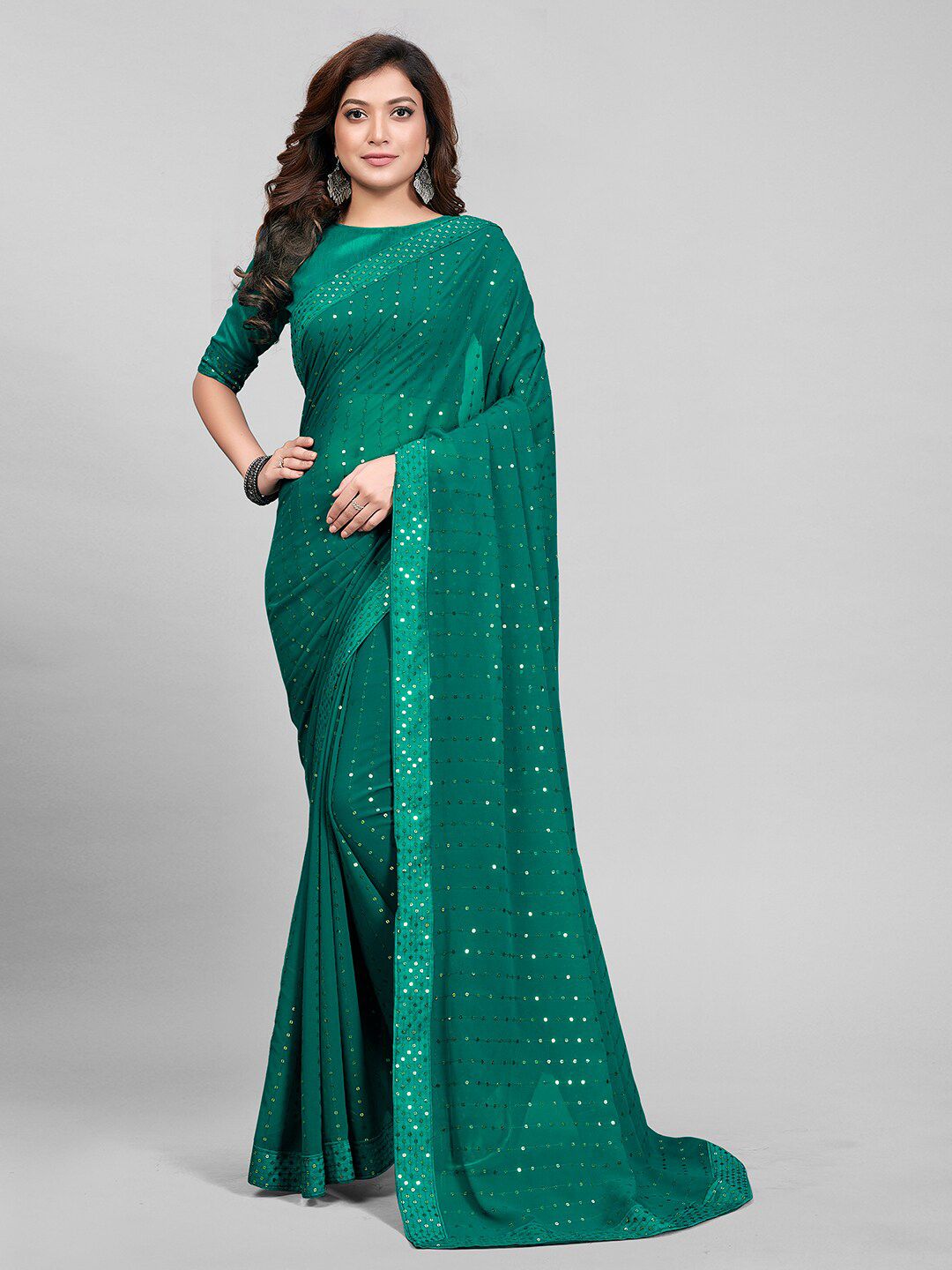 Granthva Fab Green Sequinned Embroidered Georgette Saree Price in India
