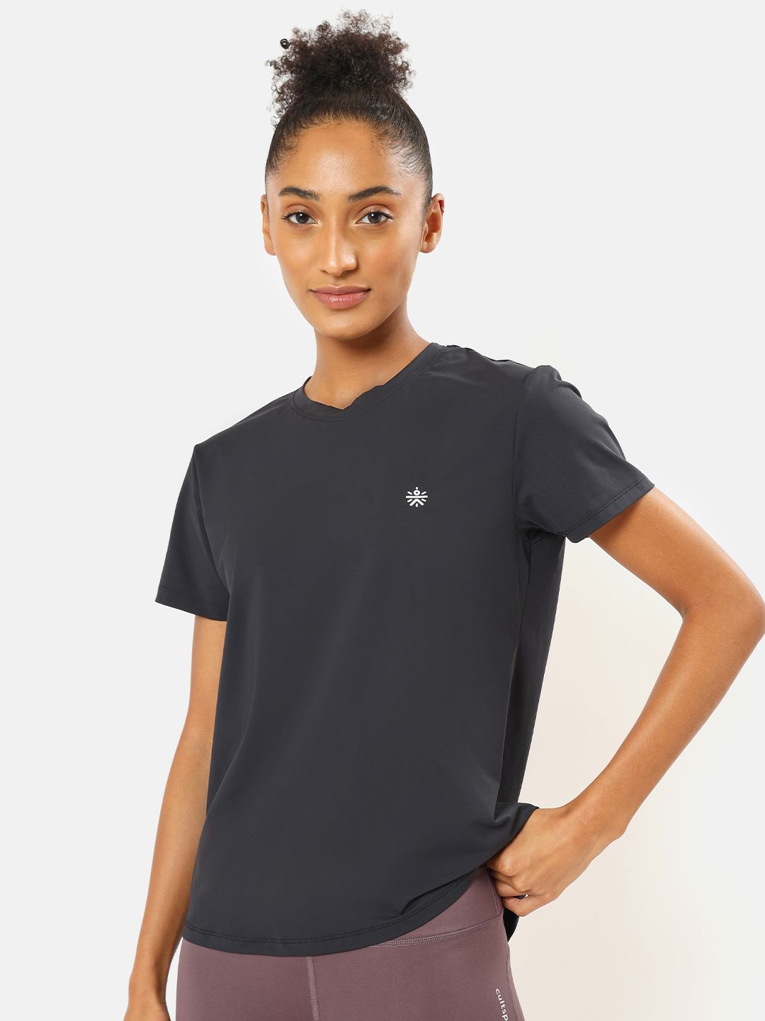 Cultsport Women Black Solid Active T-shirt With Logo Price in India