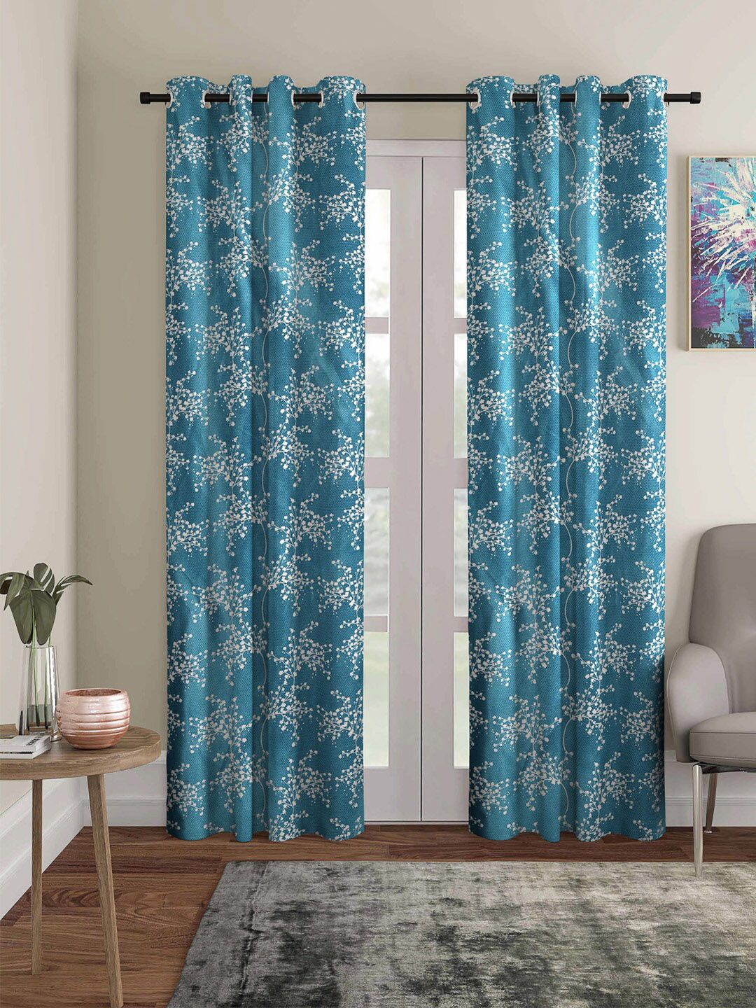 ROMEE Blue & White Set of 2 Floral Room Darkening Door Curtain Price in India