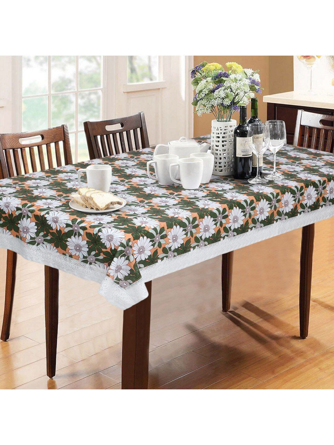 Dakshya Industries Green & White 6 Seater Floral Digital Printed Table Cover Price in India