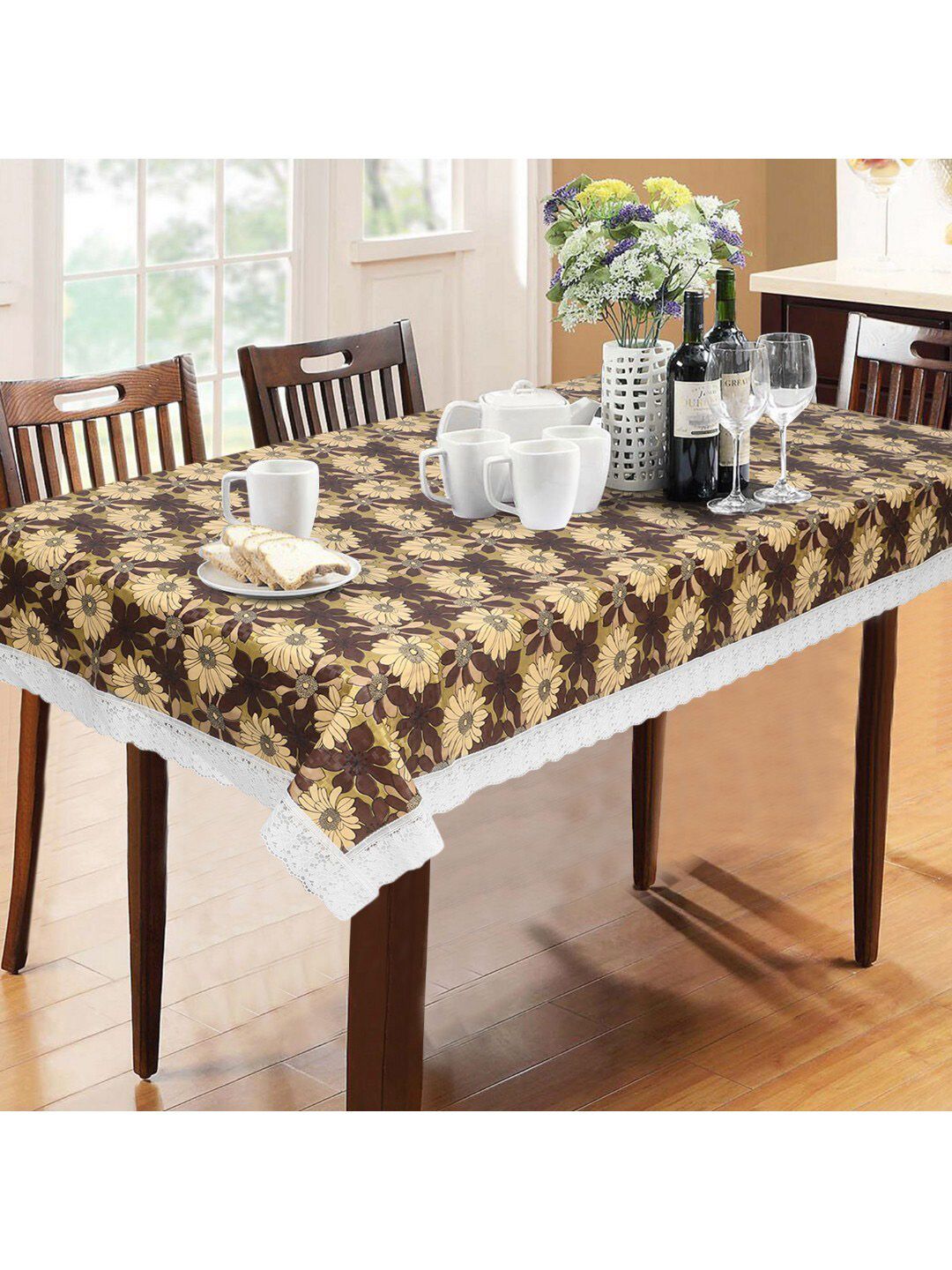Dakshya Industries Brown Floral Printed 6 Seater Table Cover Price in India