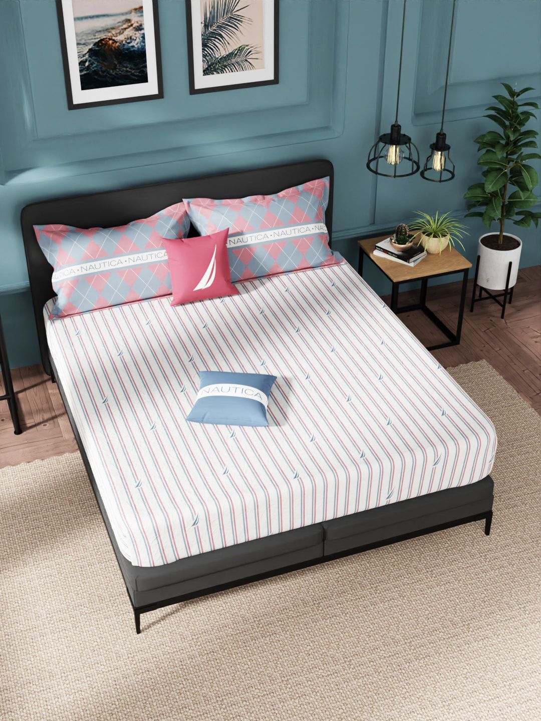 Nautica White & Blue Striped 160 TC King Cotton  Bedsheet with 2 Pillow Covers Price in India
