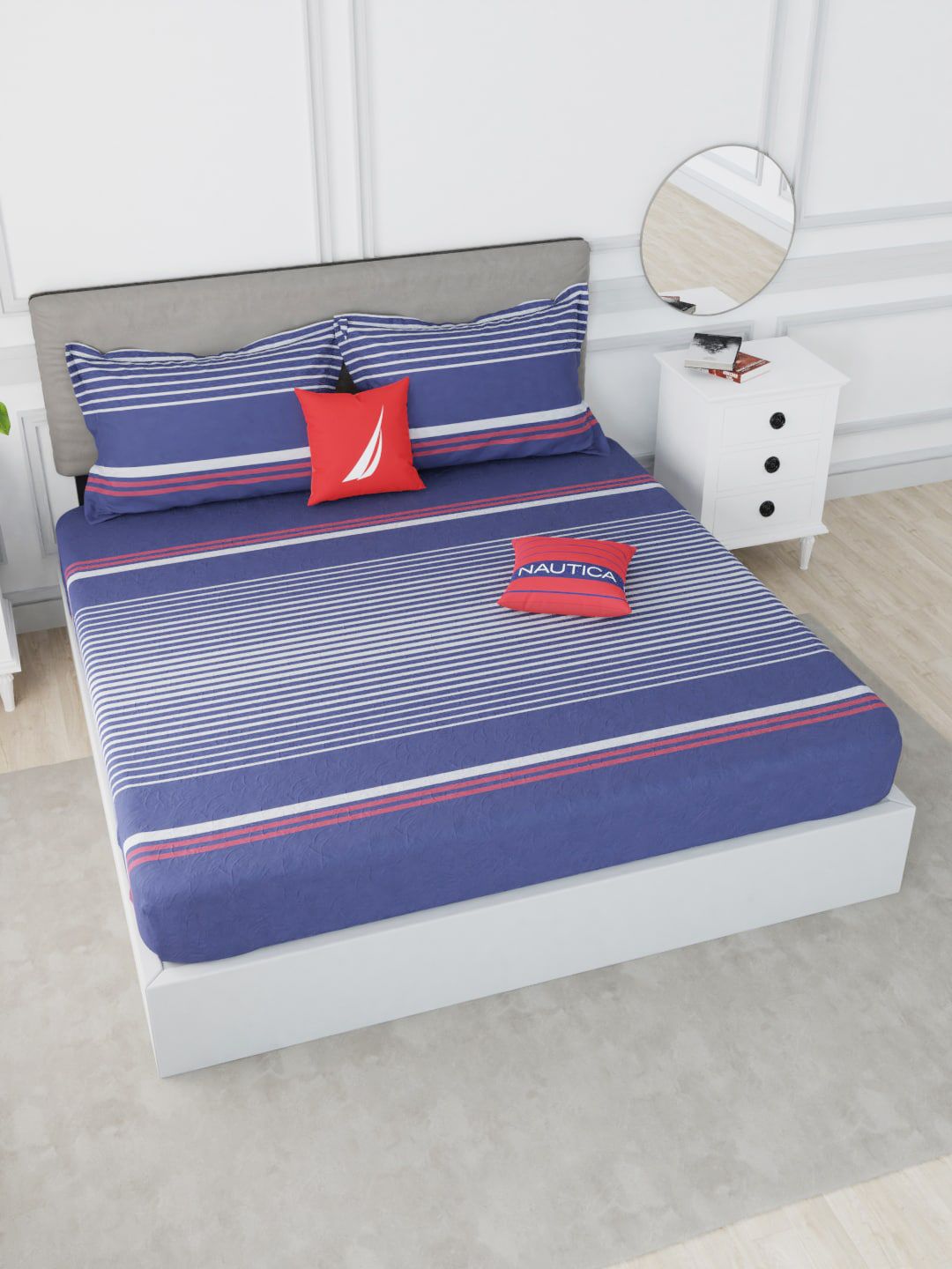 Nautica Navy Blue & Red Striped 210 TC King Bedsheet with 2 Pillow Covers Price in India
