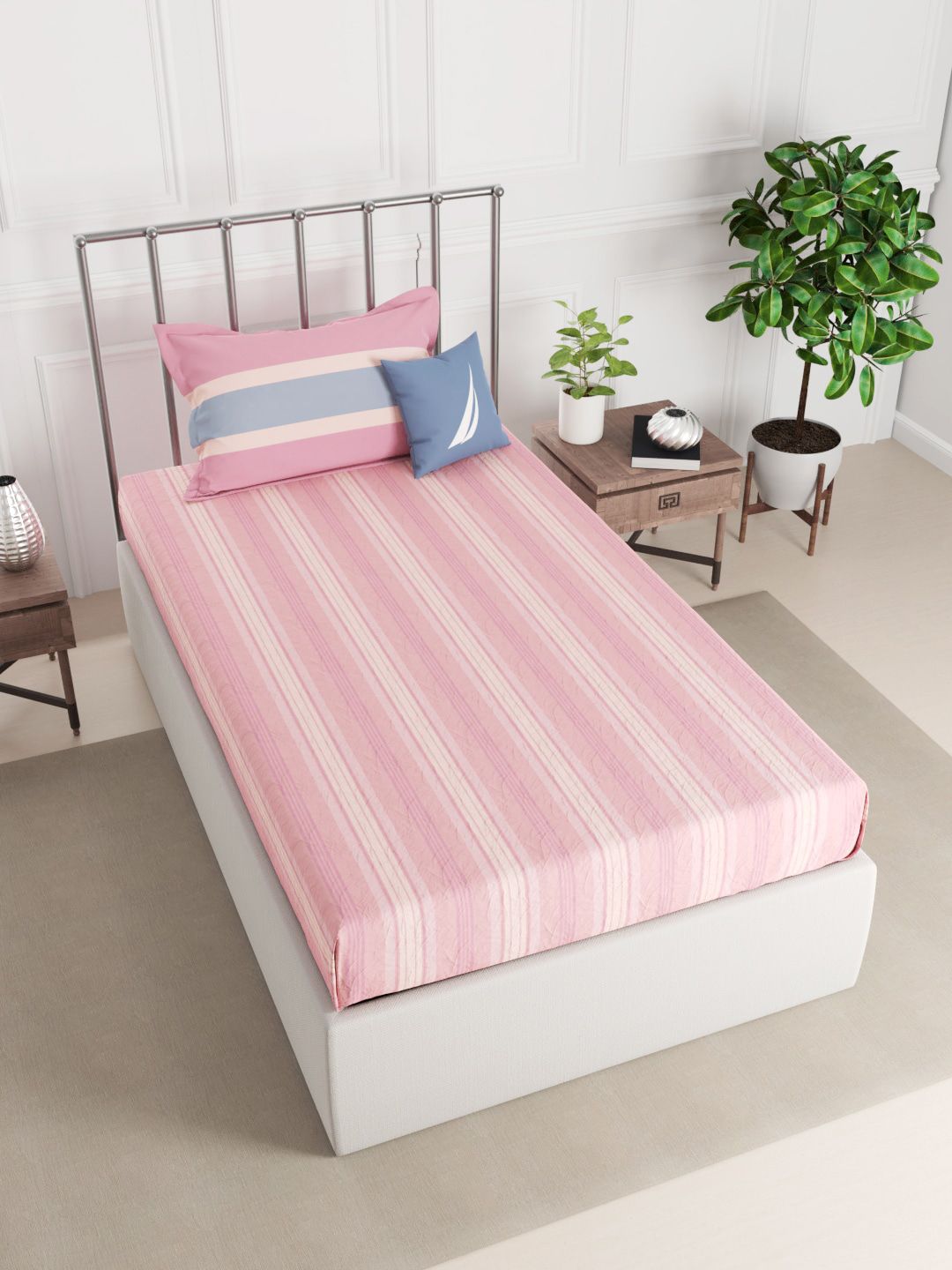 Nautica Peach & Blue Striped 210 TC Single Bedsheet with 2 Pillow Covers Price in India