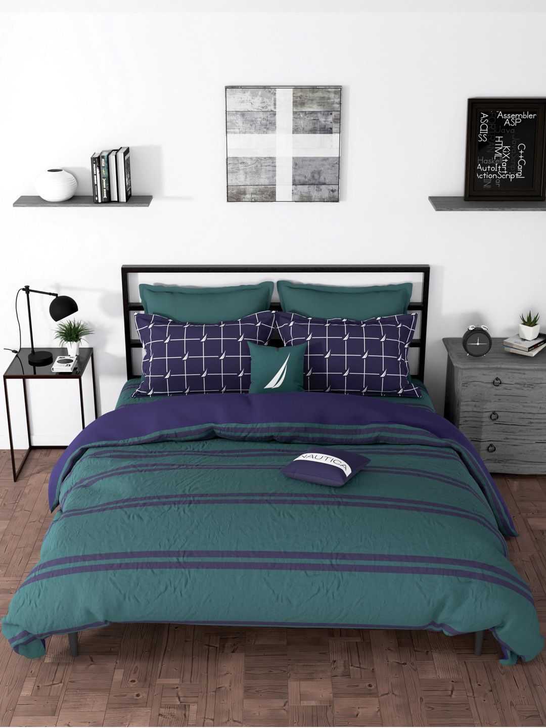 Nautica Green & Blue Striped 160 TC King Bedsheet with 2 Pillow Covers Price in India