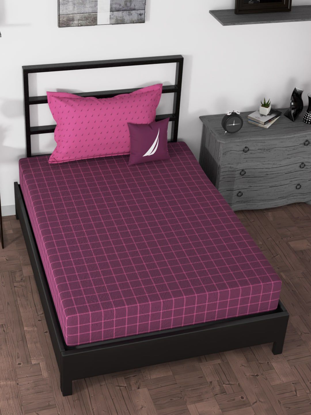 Nautica Purple Geometric 160 TC Single Bedsheet with 1 Pillow Covers Price in India