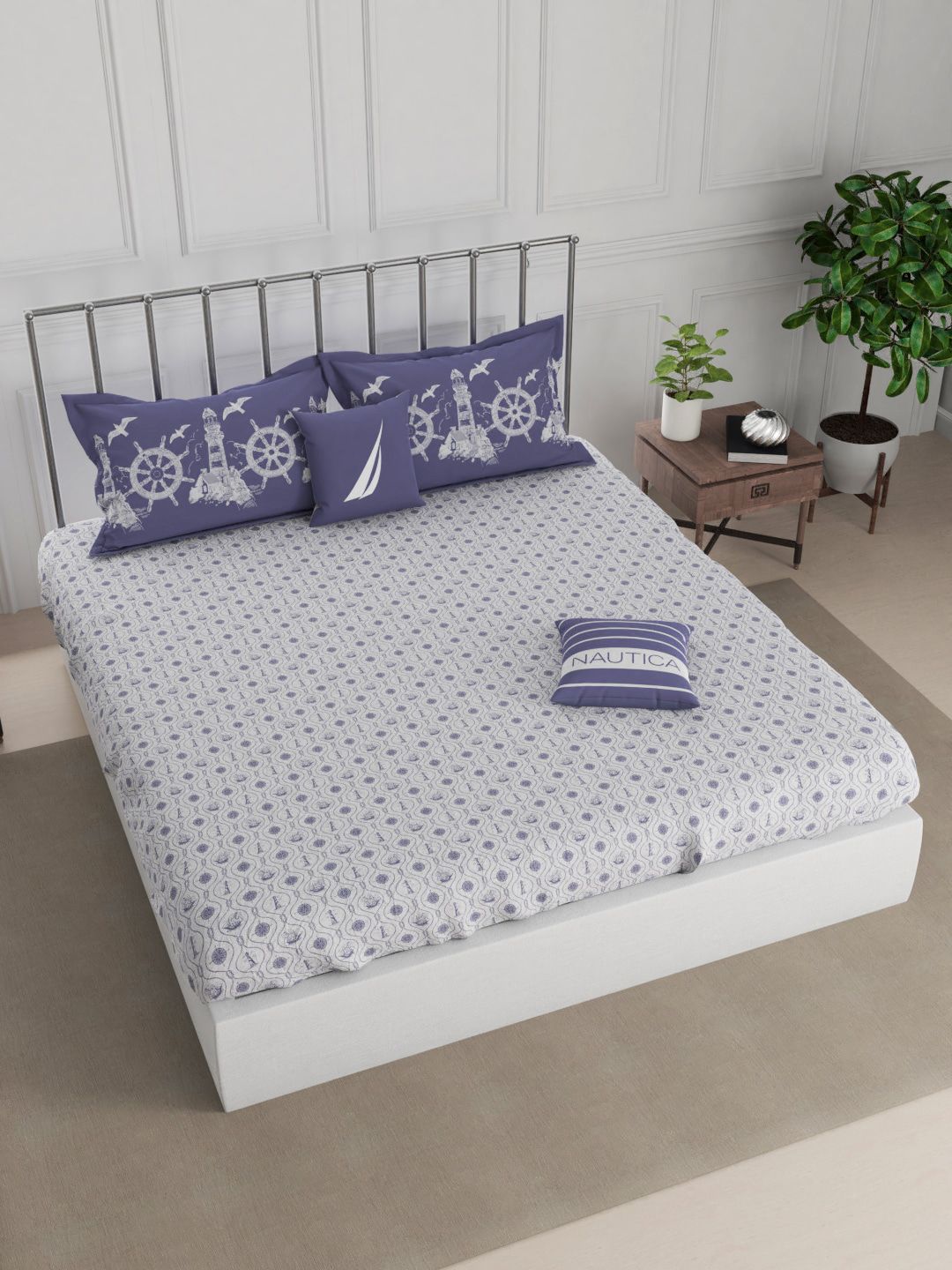 Nautica Purple & White Geometric 210 TC King Bedsheet with 2 Pillow Covers Price in India