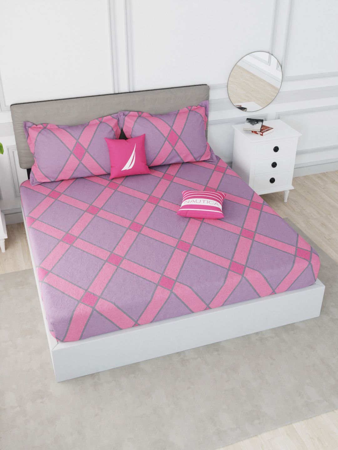 Nautica Pink & Purple Geometric 210 TC King Bedsheet with 2 Pillow Covers Price in India