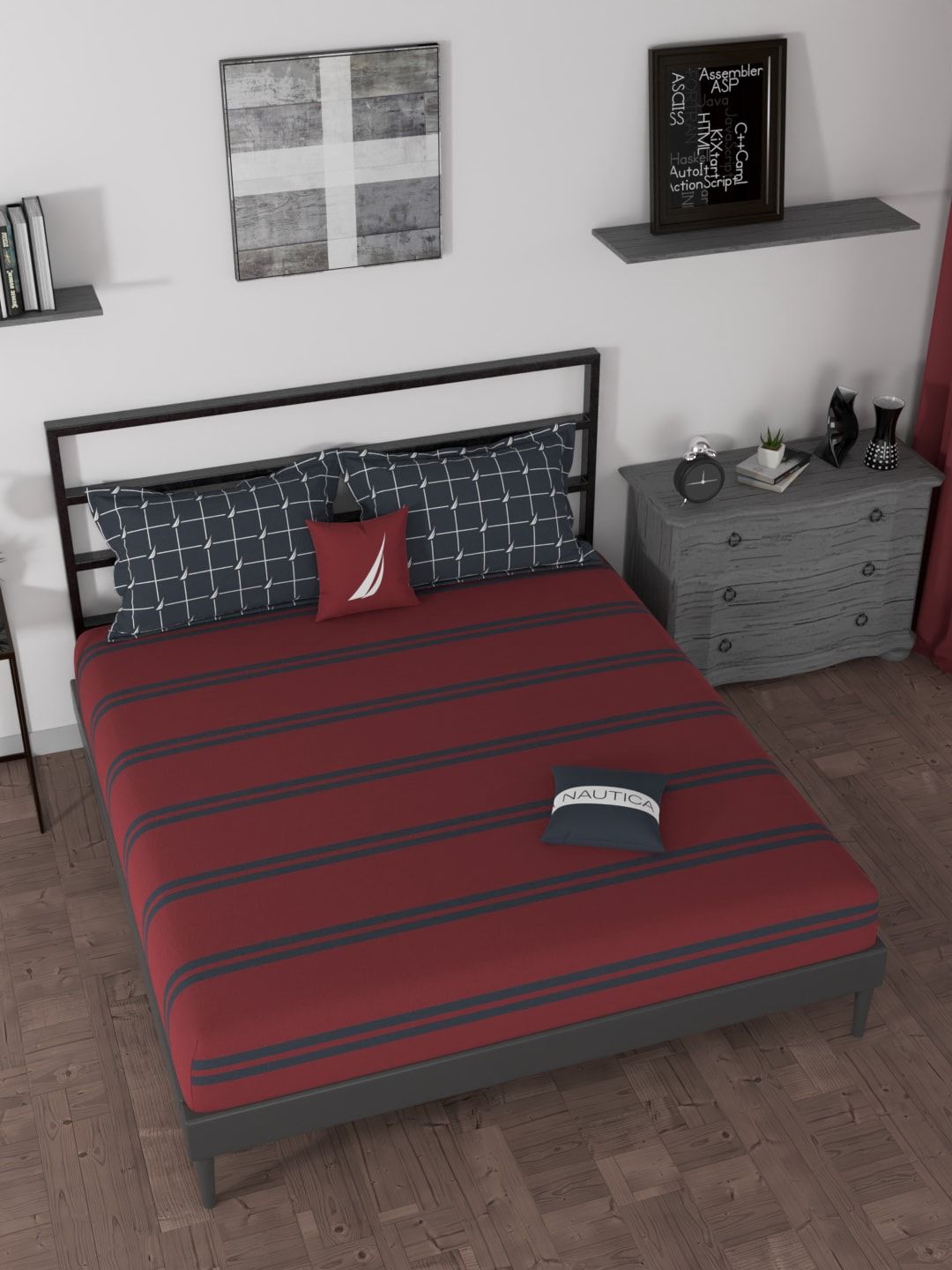 Nautica Red & Black Striped 160 TC King Bedsheet with 2 Pillow Covers Price in India