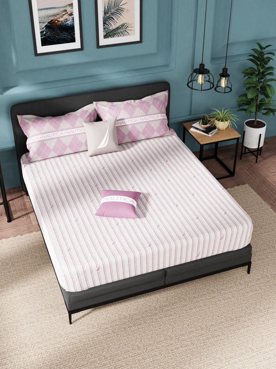 Nautica Pink & Grey Striped 160 TC King Bedsheet with 2 Pillow Covers Price in India
