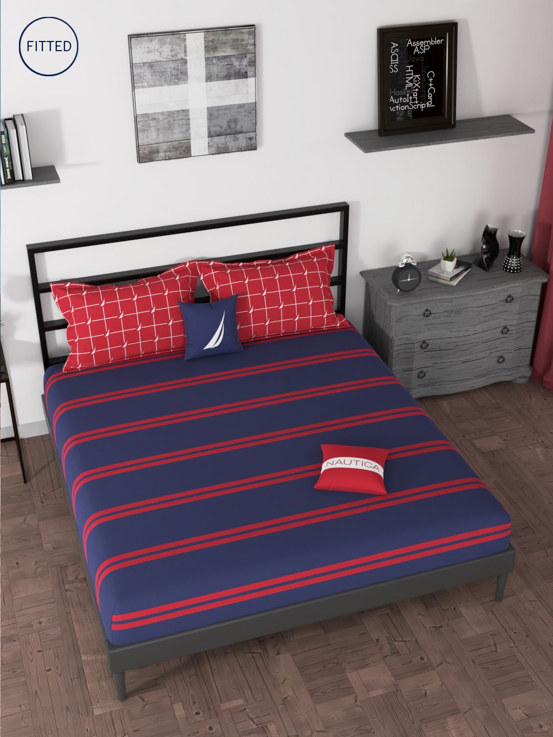 Nautica Blue & Red Striped 160 TC King Bedsheet with 2 Pillow Covers Price in India