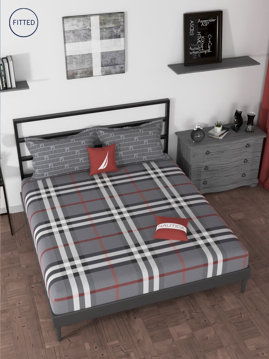 Nautica Grey & Red Geometric 160 TC King Bedsheet with 2 Pillow Covers Price in India