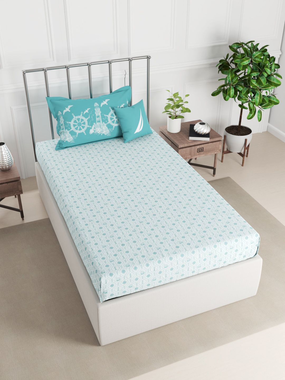Nautica Turquoise Blue & White 210 TC Single Bedsheet with 2 Pillow Covers Price in India