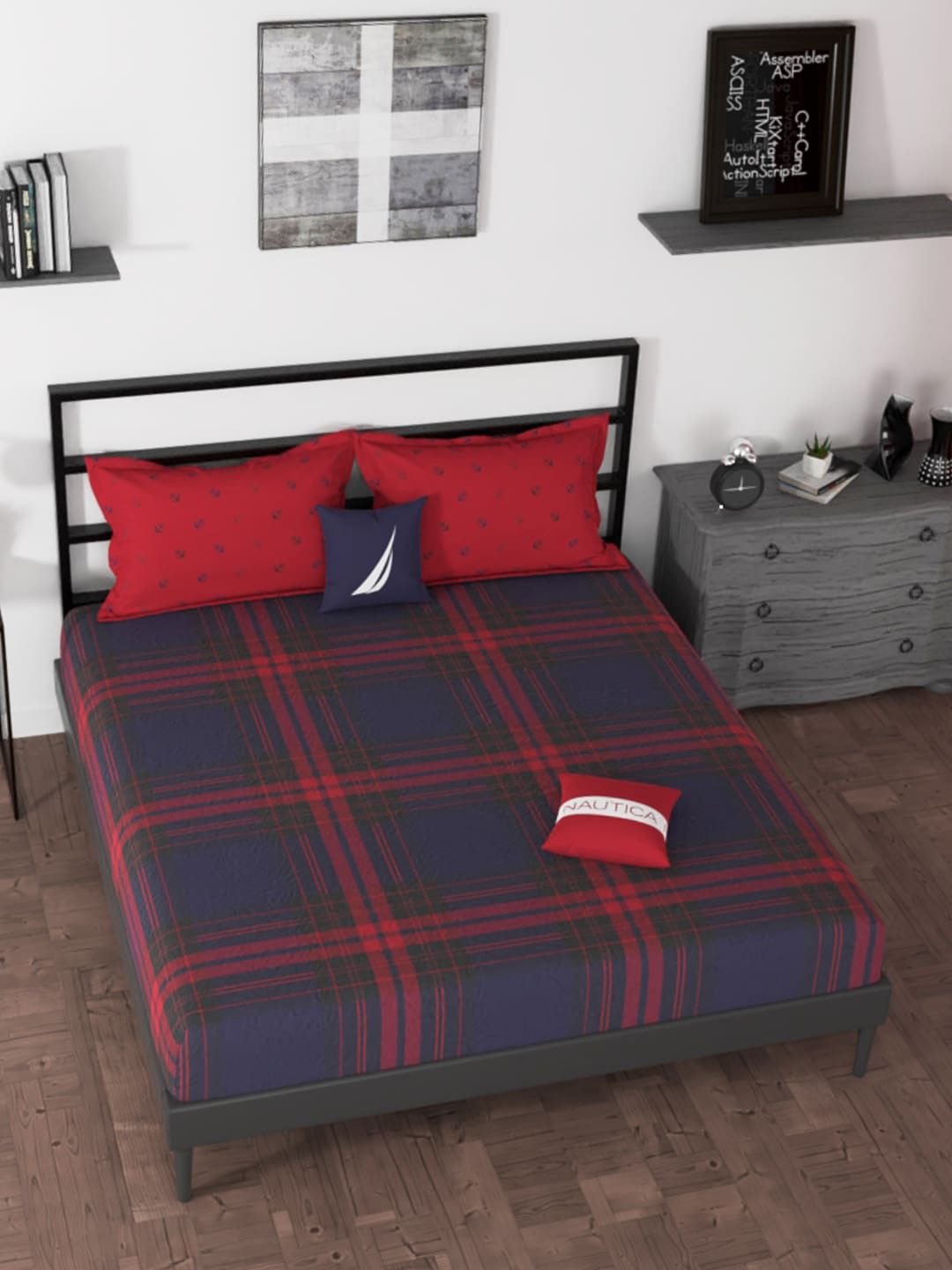 Nautica Blue & Red Geometric 160 TC King Bedsheet with 2 Pillow Covers Price in India