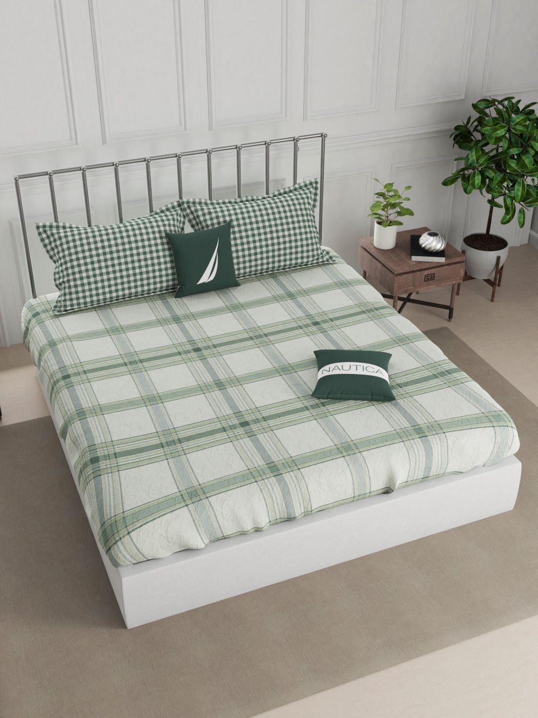 Nautica Blue & Green Geometric 210 TC King Satin Bedsheet with 2 Pillow Covers Price in India